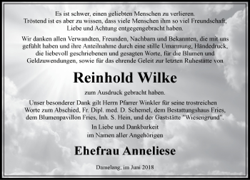 Traueranzeige von Reinhold Wilke von Märkische Oderzeitung