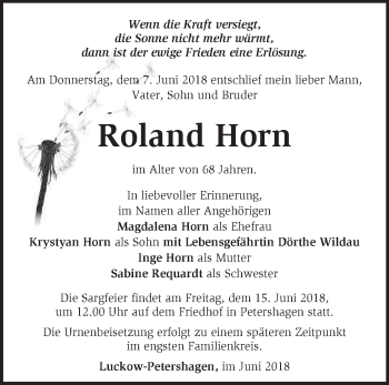 Traueranzeige von Roland Horn von Märkische Oderzeitung