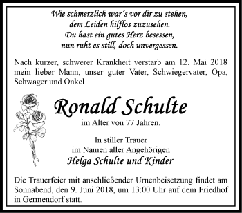 Traueranzeige von Ronald Schulte von Märkische Oderzeitung