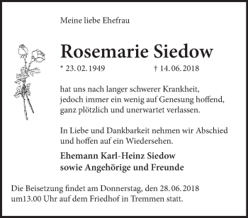 Traueranzeige von Rosemarie Siedow von Märkische Oderzeitung