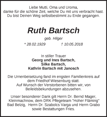 Traueranzeige von Ruth Bartsch von Märkische Oderzeitung