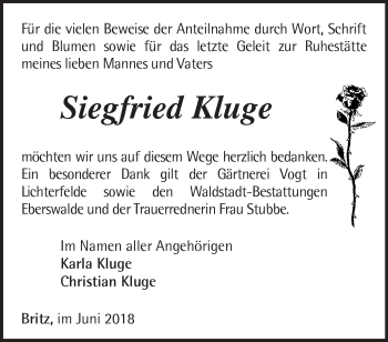 Traueranzeige von Siegfried Kluge von Märkische Oderzeitung