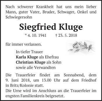 Traueranzeige von Siegfried Kluge von Märkische Oderzeitung