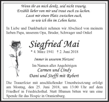 Traueranzeige von Siegfried Mai von Märkische Oderzeitung