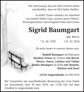 Traueranzeige von Sigrid Baumgart von Märkische Oderzeitung