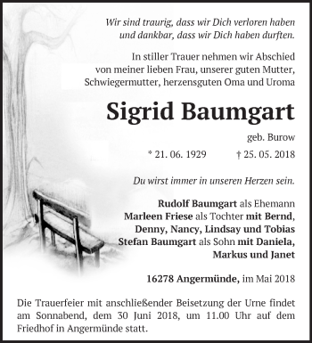 Traueranzeige von Sigrid Baumgart von Märkische Oderzeitung