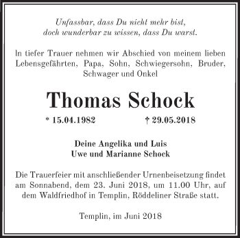 Traueranzeige von Thomas Schock von Märkische Oderzeitung