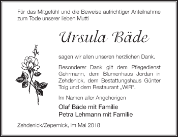 Traueranzeige von Ursula Bäde von Märkische Oderzeitung