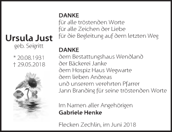 Traueranzeige von Ursula Just von Märkische Oderzeitung