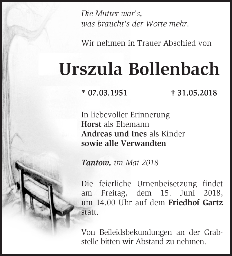  Traueranzeige für Urszula Bollenbach vom 10.06.2018 aus Märkische Oderzeitung
