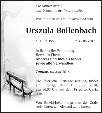 Traueranzeige von Urszula Bollenbach von Märkische Oderzeitung