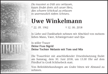 Traueranzeige von Uwe Winkelmann von Märkische Oderzeitung