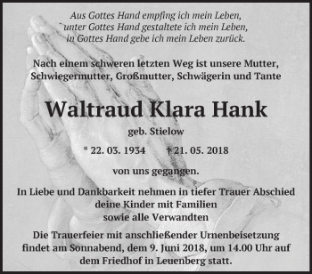 Traueranzeige von Waltraud Klara Hank von Märkische Oderzeitung