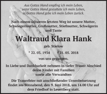 Traueranzeige von Waltraud Klara Hank von Märkische Oderzeitung