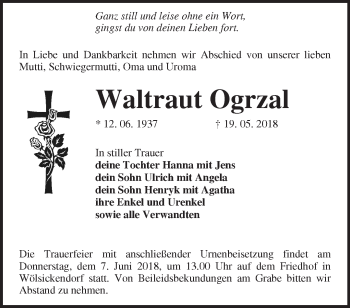 Traueranzeige von Waltraut Ogrzal von Märkische Oderzeitung