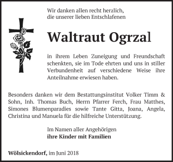 Traueranzeige von Waltraut Ogrzal von Märkische Oderzeitung