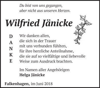 Traueranzeige von Wilfried Jänicke von Märkische Oderzeitung