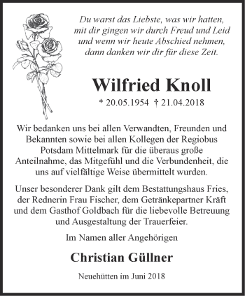 Traueranzeige von Wilfried Knoll von Märkische Oderzeitung