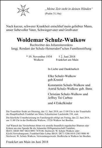 Traueranzeige von Woldemar Schulz-Wulkow von Märkische Oderzeitung