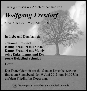 Traueranzeige von Wolfgang Fresdorf von Märkische Oderzeitung