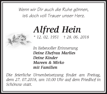 Traueranzeige von Alfred Hein von Märkische Oderzeitung