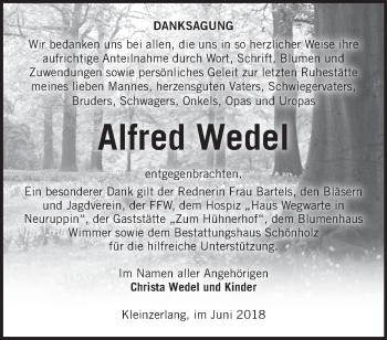 Traueranzeige von Alfred Wedel von Märkische Oderzeitung