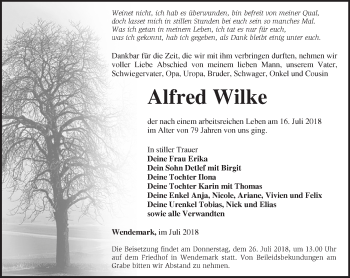 Traueranzeige von Alfred Wilke von Märkische Oderzeitung