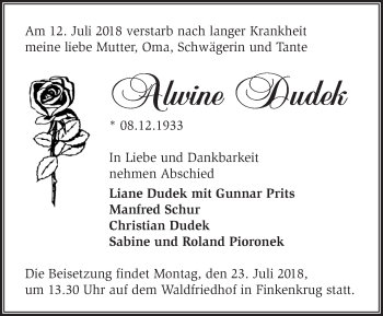 Traueranzeige von Alwine Dudek von Märkische Oderzeitung