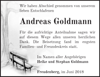 Traueranzeige von Andreas Goldmann von Märkische Oderzeitung