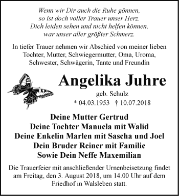 Traueranzeige von Angelika Juhre von Märkische Oderzeitung