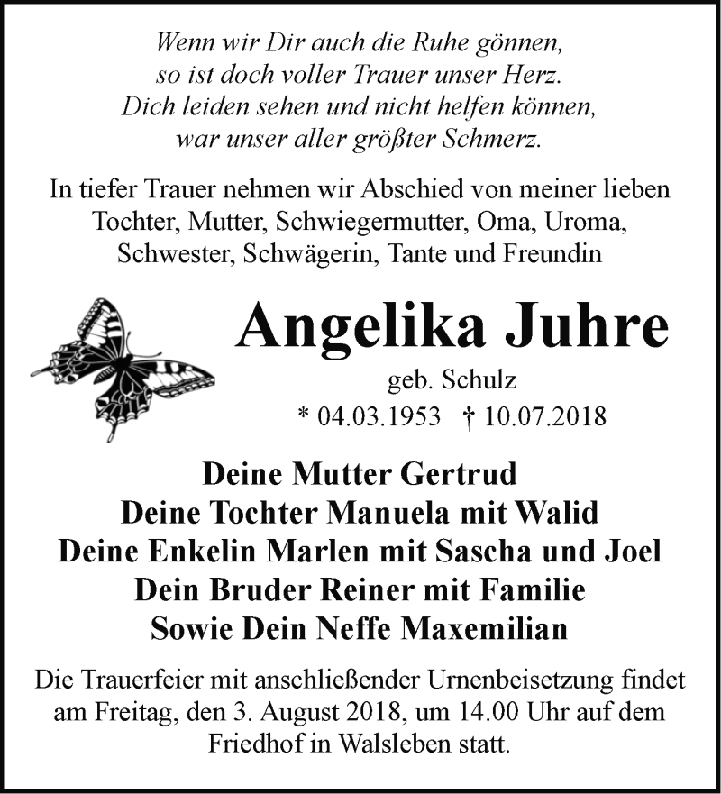  Traueranzeige für Angelika Juhre vom 14.07.2018 aus Märkische Oderzeitung