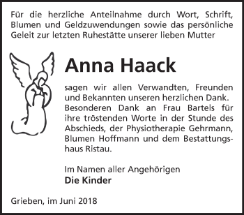 Traueranzeige von Anna Haack von Märkische Oderzeitung