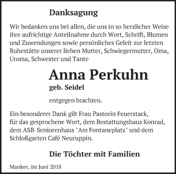 Traueranzeige von Anna Perkuhn von Märkische Oderzeitung