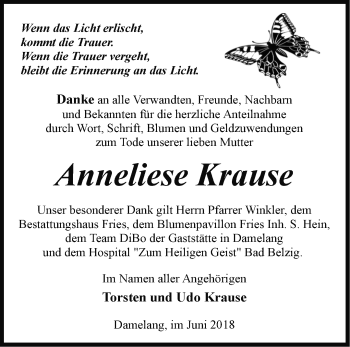 Traueranzeige von Anneliese Krause von Märkische Oderzeitung