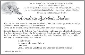 Traueranzeige von Anneliese Lieselotte Sieber von Märkische Oderzeitung