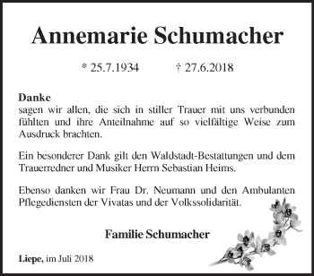 Traueranzeige von Annemarie Schumacher von Märkische Oderzeitung