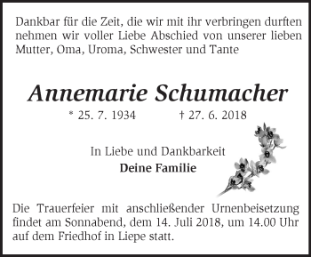 Traueranzeige von Annemarie Schumacher von Märkische Oderzeitung