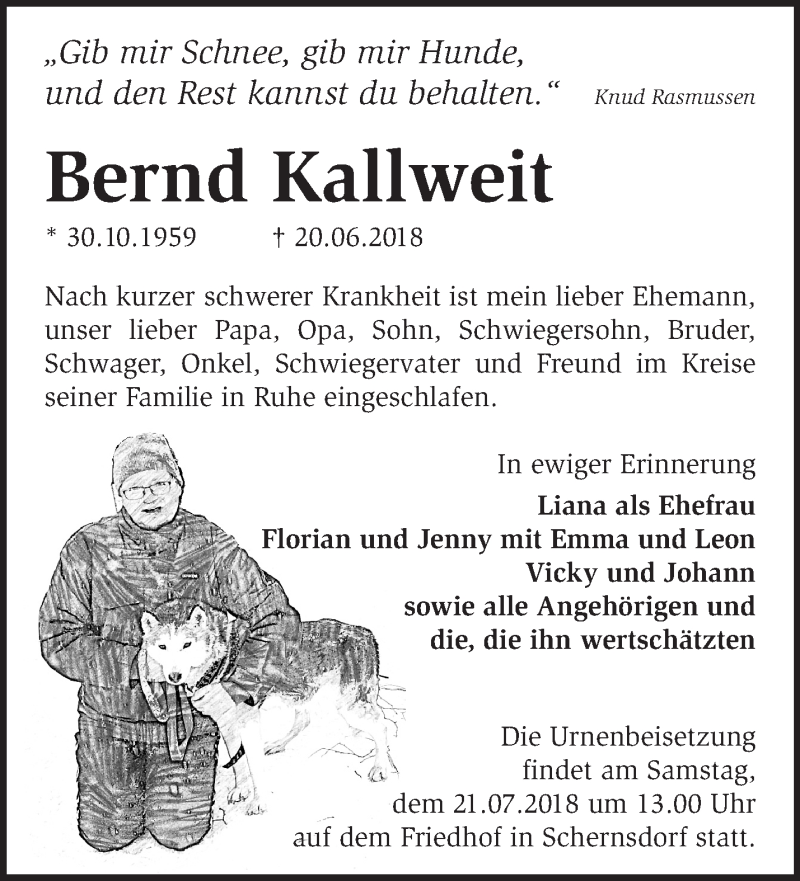 Traueranzeige für Bernd Kallweit vom 30.06.2018 aus Märkische Oderzeitung