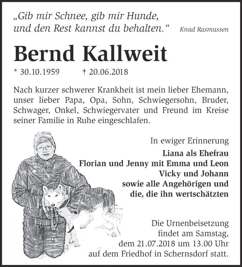  Traueranzeige für Bernd Kallweit vom 01.07.2018 aus Märkische Oderzeitung