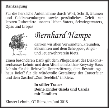 Traueranzeige von Bernhard Hampe von Märkische Oderzeitung