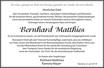 Traueranzeige von Bernhard Matthies von Märkische Oderzeitung