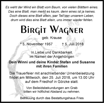 Traueranzeige von Birgit Wagner von Märkische Oderzeitung