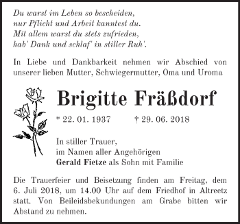 Traueranzeige von Brigitte Fräßdorf von Märkische Oderzeitung