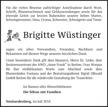 Traueranzeige von Brigitte Wüstinger von Märkische Oderzeitung