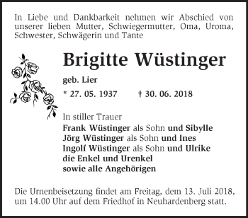 Traueranzeige von Brigitte Wüstinger von Märkische Oderzeitung