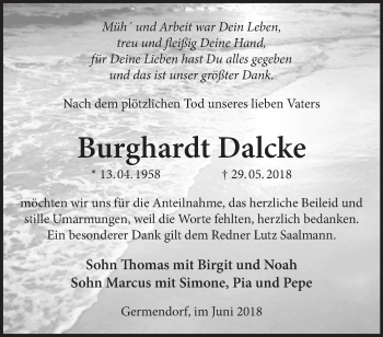 Traueranzeige von Burghardt Dalcke von Märkische Oderzeitung