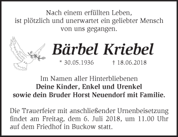 Traueranzeige von Bärbel Kriebel von Märkische Oderzeitung