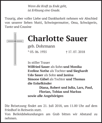 Traueranzeige von Charlotte Sauer von Märkische Oderzeitung