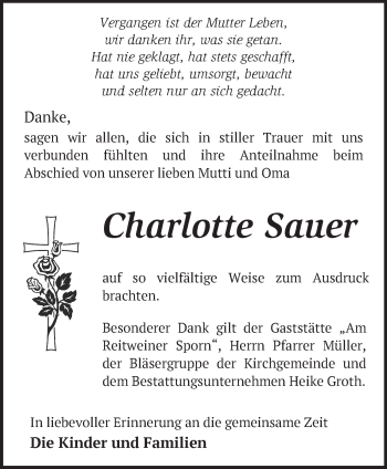 Traueranzeige von Charlotte Sauer von Märkische Oderzeitung