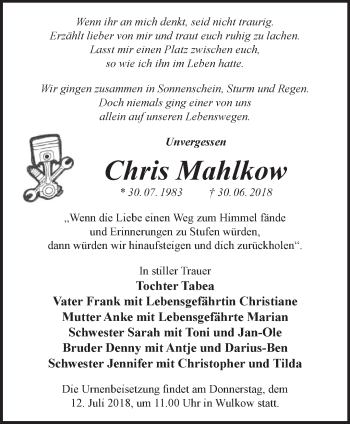 Traueranzeige von Chris Mahlkow von Märkische Oderzeitung